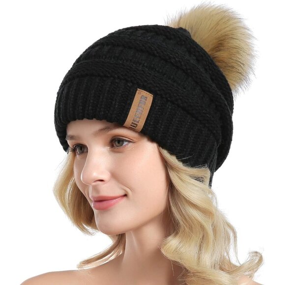 Women Black 2 Soft Acrylic Thick Baggy Knit Winter Faux Fur Pompom Beanie - Picture 2 of 6